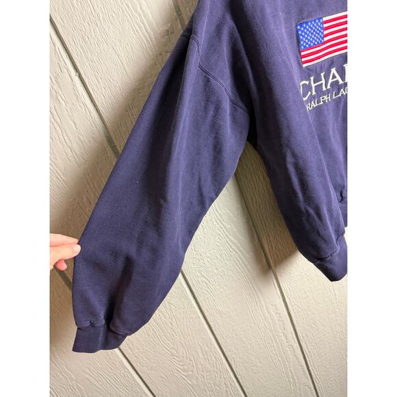 Vintage Chaps Ralph Lauren Flag Sweatshirt USA Embroidered Logo L Raw Cut Neck - Picture 4 of 7